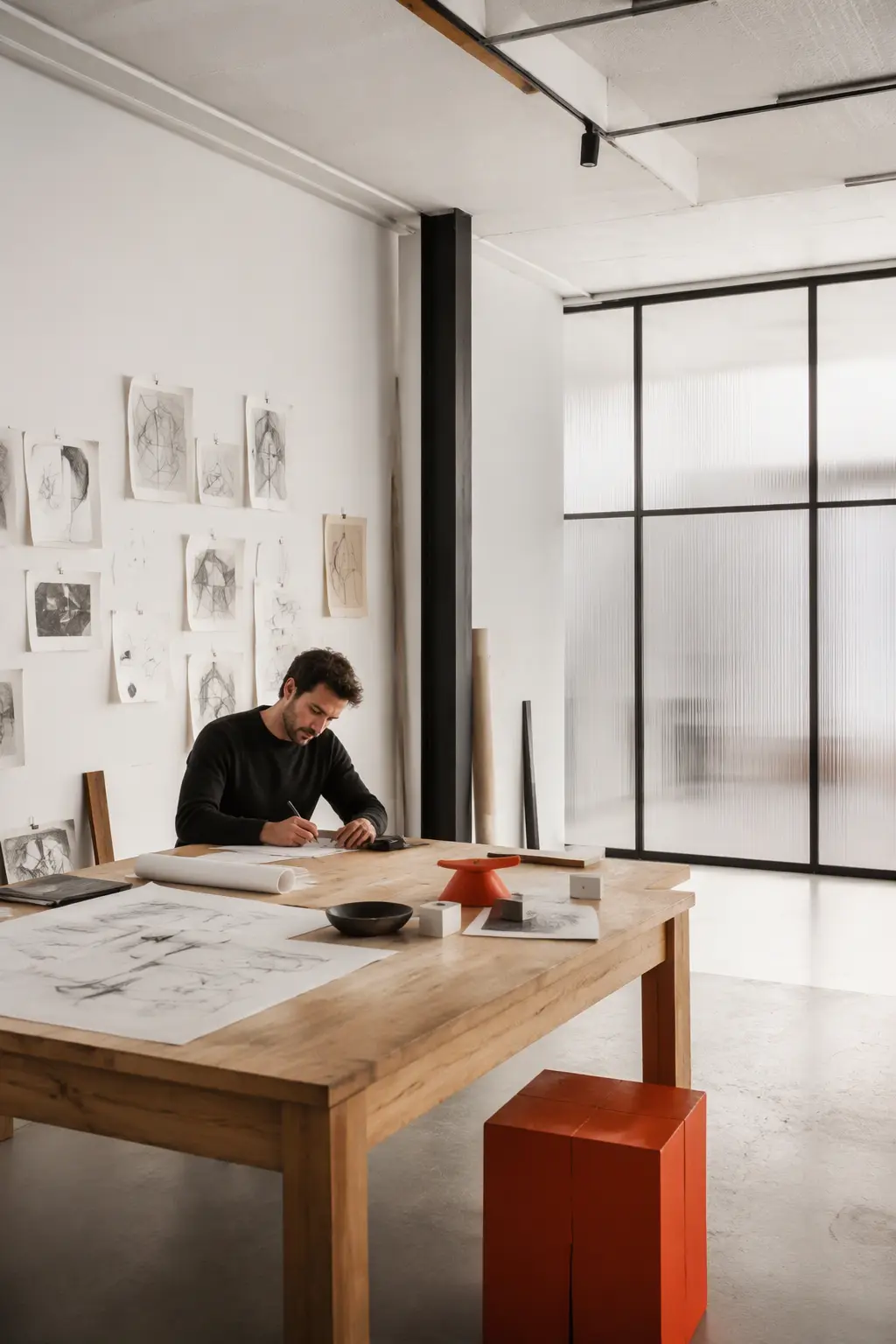 Maker working in a bright, minimalist studio